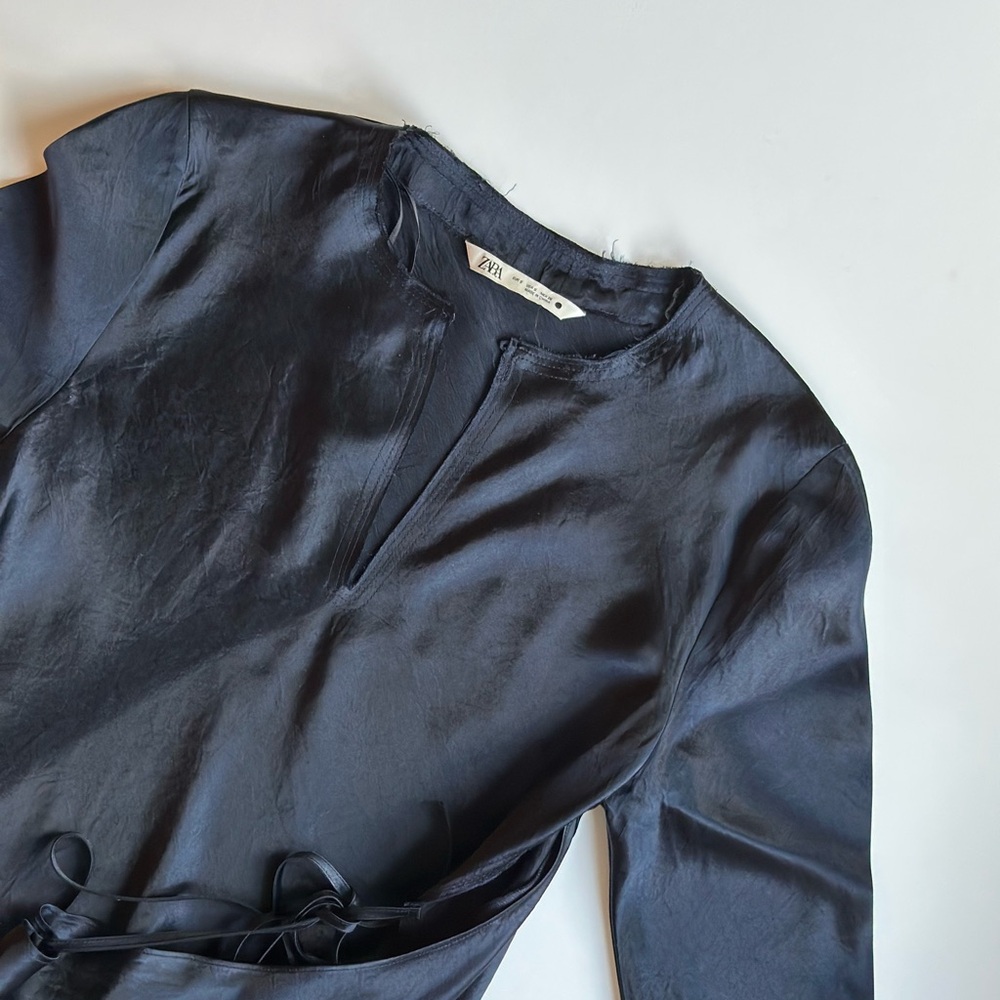 Deep Blue Satin Effect Long Sleeve Midi Wrap Dress